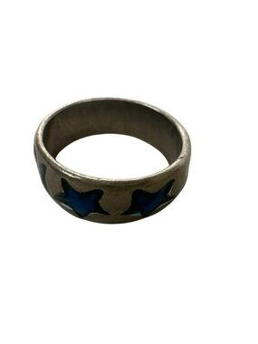 Silver Band Ring With Blue Star Inlays Celestial Hippie Goth Size 7.5 Chunky